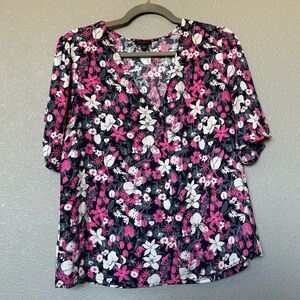 Ann Taylor Factory Floral Blouse in Pink and Navy
